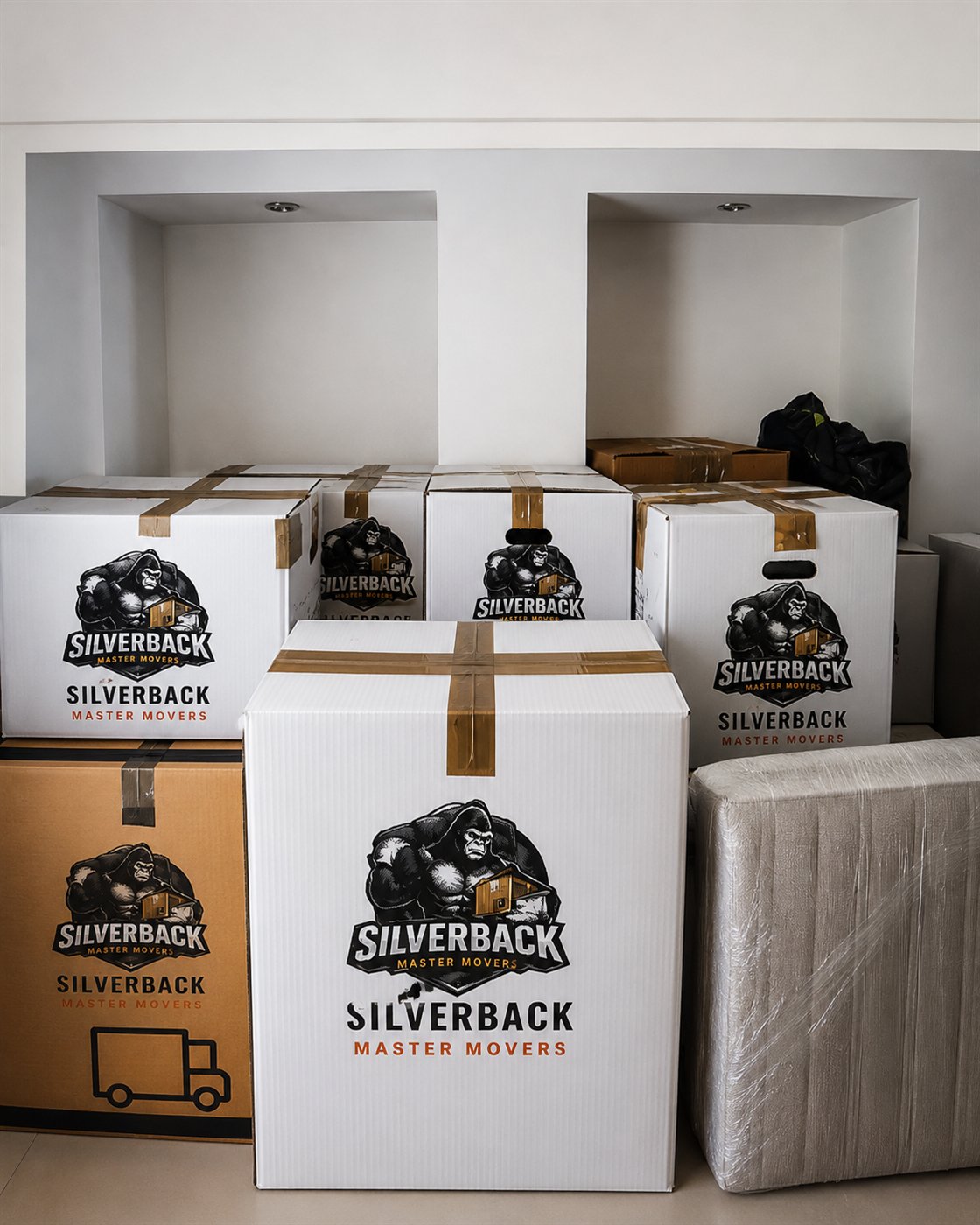 Stacked SilverBack Master Movers branded moving boxes ready for delivery