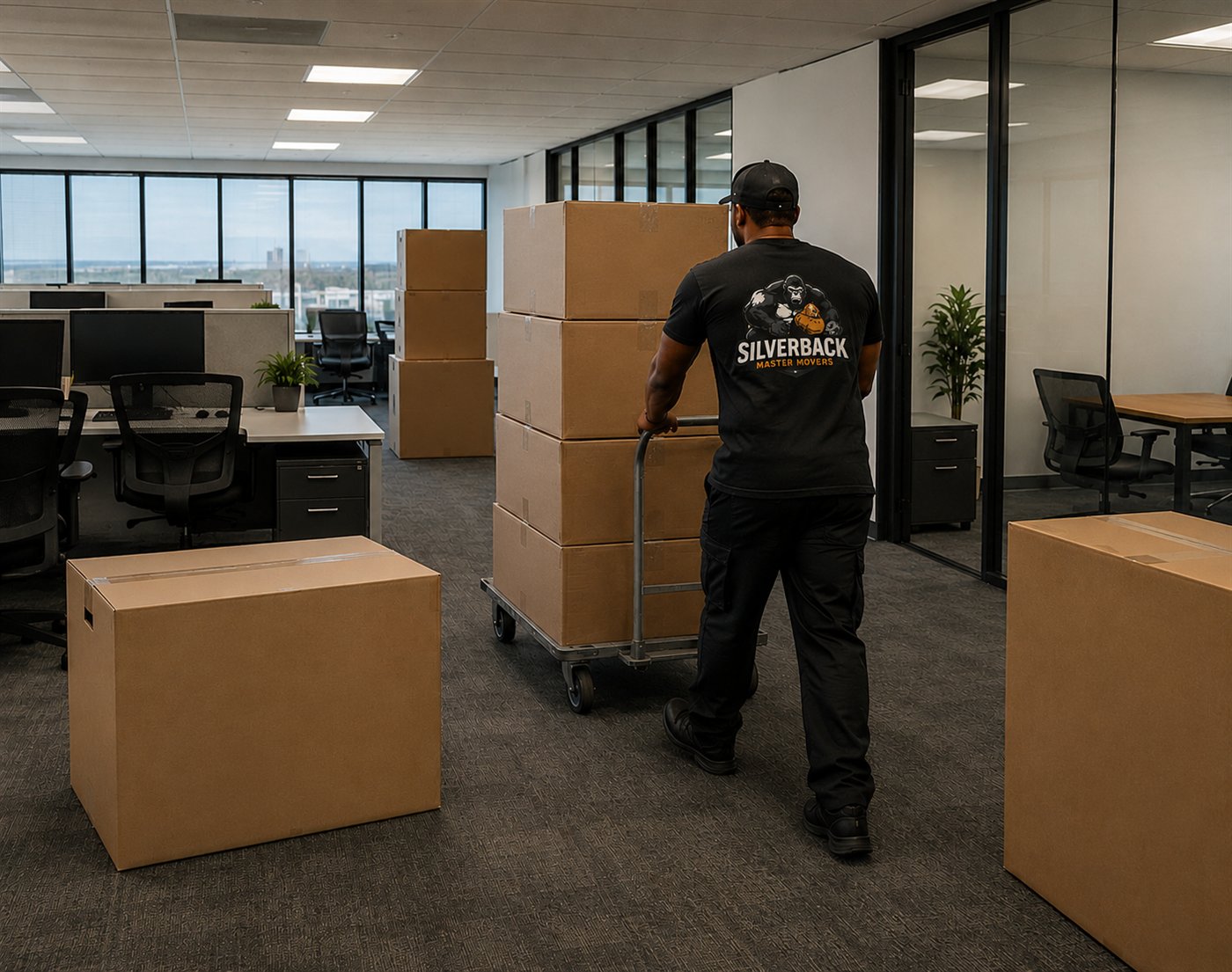 SilverBack mover pushing a dolly of boxes through an office during a commercial move